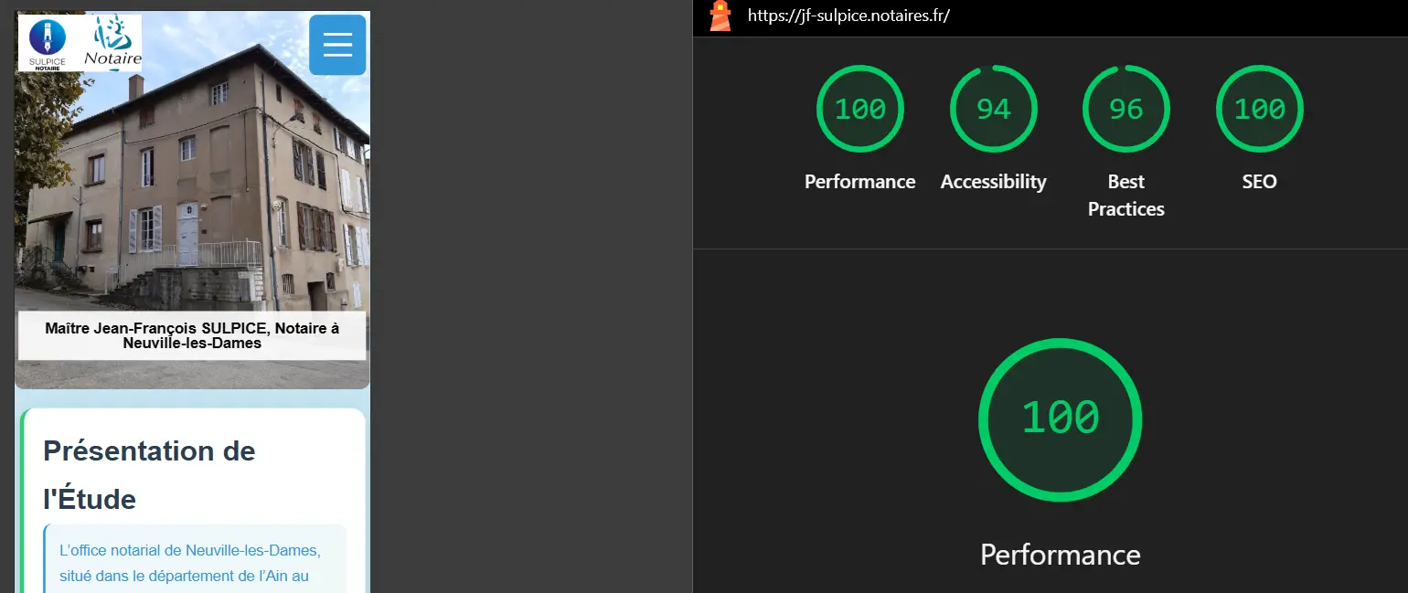Capture PageSpeed Insights site Maître Sulpice, Neuville-les-Dames